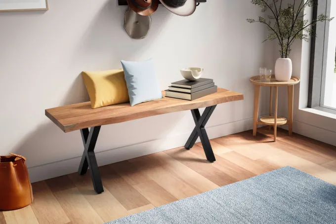 Garderobenbank FineBuy Sitzbank Akazie Massivholz 120 cm Baumkante Flurbank