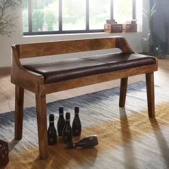 Gepolsterte Sitzbank mit Lehne 108cm Massivholz Echtleder Bank Garderobenbank