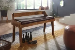 Gepolsterte Sitzbank mit Lehne 108cm Massivholz Echtleder Bank Garderobenbank