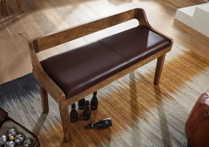 Gepolsterte Sitzbank mit Lehne 108cm Massivholz Echtleder Bank Garderobenbank