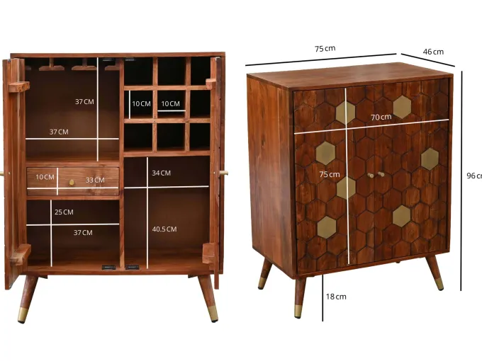 Hausbar Massivholz 75cm Barschrank Weinschrank Waben Muster Bar Möbel Handmade