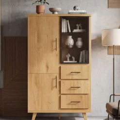Hochschrank 188cm Eiche Dekor Standschrank mit Türen Schubladen Mehrzweckschrank
