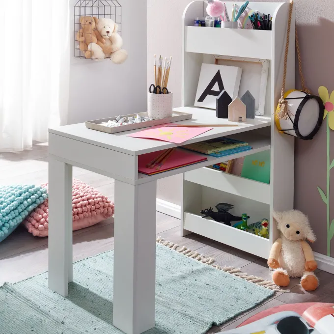 Kinderschreibtisch FineBuy Weiß 90x50x110 cm Schülerschreibtisch Tisch mit Regal