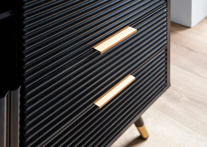 Kommode 77 cm in MDF Eiche Schwarz Dekor mit 2 Schubladen / 2 Türen und Ablage Design Sideboard Schrank