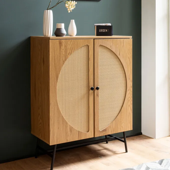 Kommode in Eiche Dekor 80 cm Sideboard mit 2 Türen aus Wiener Rattan Geflecht Design Highboard
