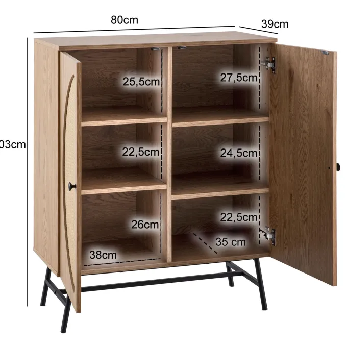 Kommode in Eiche Dekor 80 cm Sideboard mit 2 Türen aus Wiener Rattan Geflecht Design Highboard