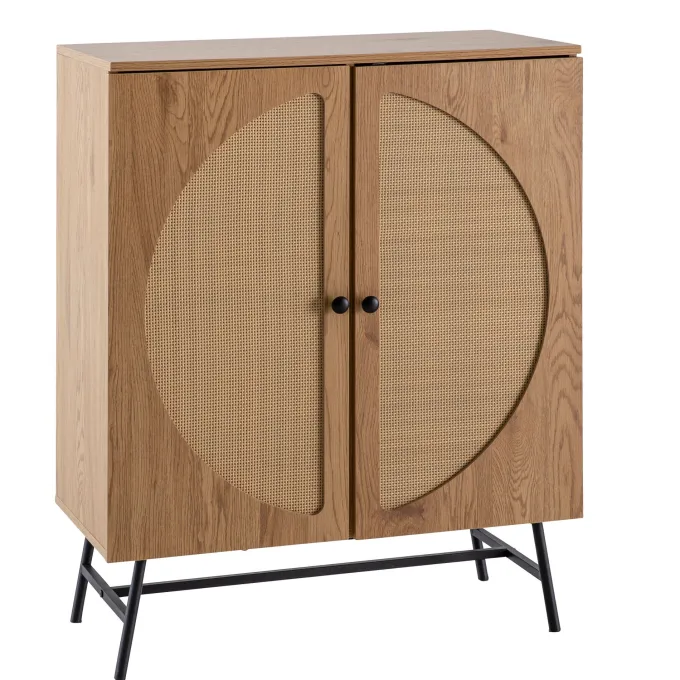 Kommode in Eiche Dekor 80 cm Sideboard mit 2 Türen aus Wiener Rattan Geflecht Design Highboard
