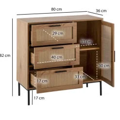 Kommode in Eiche Dekor 80 cm Sideboard mit 3 Schubladen & 1 Tür aus Wiener Rattan Geflecht Design Highboard - Schubladenkommode