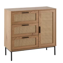 Kommode in Eiche Dekor 80 cm Sideboard mit 3 Schubladen & 1 Tür aus Wiener Rattan Geflecht Design Highboard - Schubladenkommode