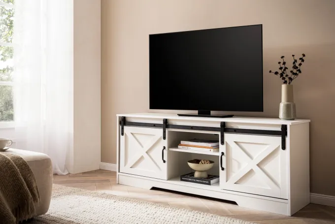 Lowboard FineBuy Fernsehkommode 150 cm TV Schrank Fernsehschrank Weiß Landhaus