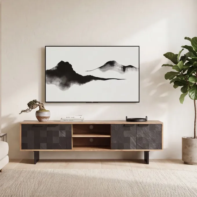 Lowboard FineBuy TV Board Akazie Massivholz 150 cm mit Steinoptik Fronten Groß