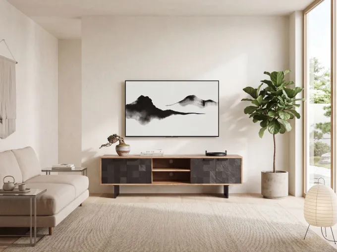 Lowboard FineBuy TV Board Akazie Massivholz 150 cm mit Steinoptik Fronten Groß