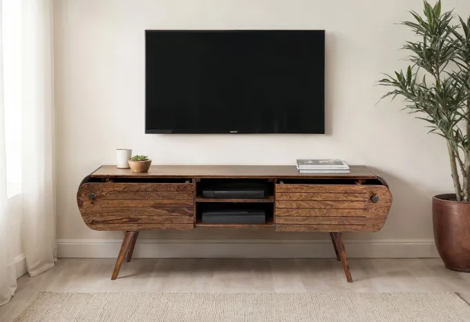 Lowboard FineBuy TV Board Sheesham Massivholz 160 cm Retro Schubladen Fächer