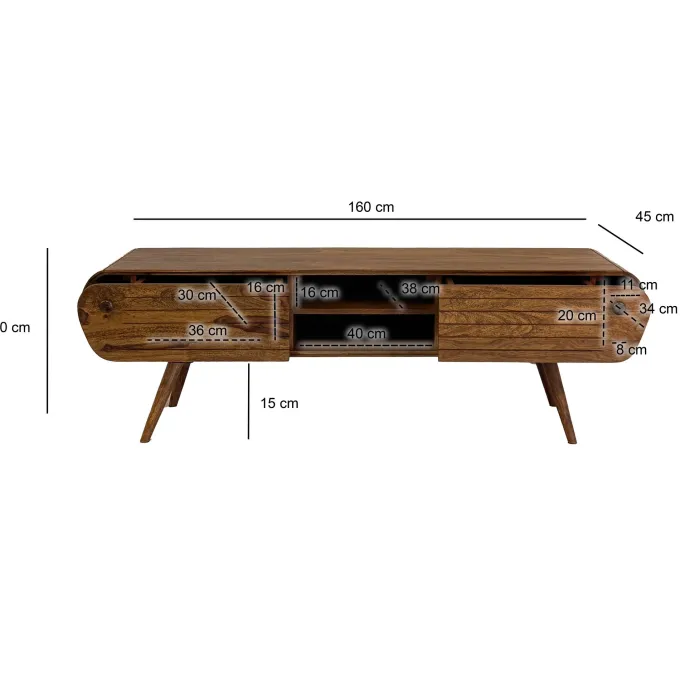 Lowboard FineBuy TV Board Sheesham Massivholz 160 cm Retro Schubladen Fächer