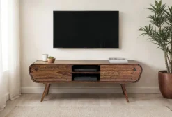 Lowboard FineBuy TV Board Sheesham Massivholz 160 cm Retro Schubladen Fächer