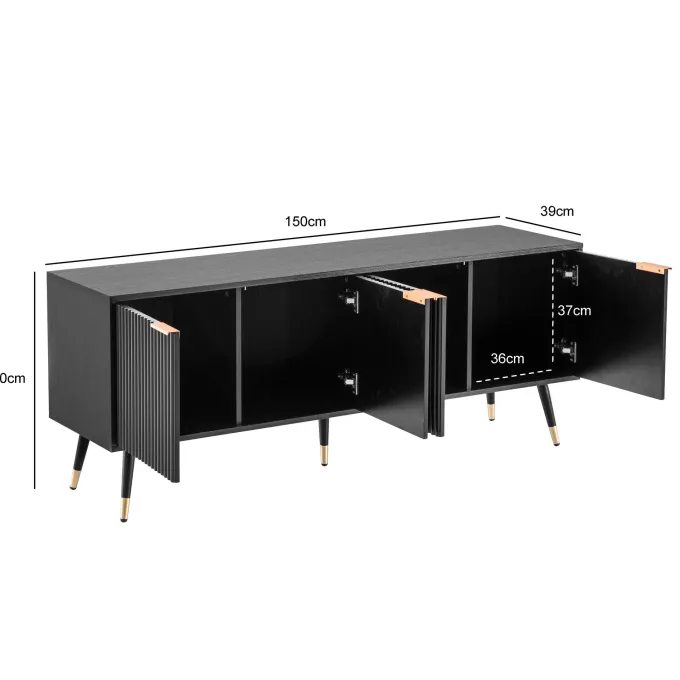 Lowboard FineBuy TV Schrank 150 cm Schwarz Türen Fernsehkommode Eiche Modern