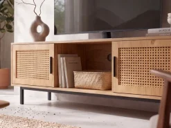 Lowboard FineBuy TV Schrank 120 cm Holz Eiche Fernsehkommode Wiener Geflecht