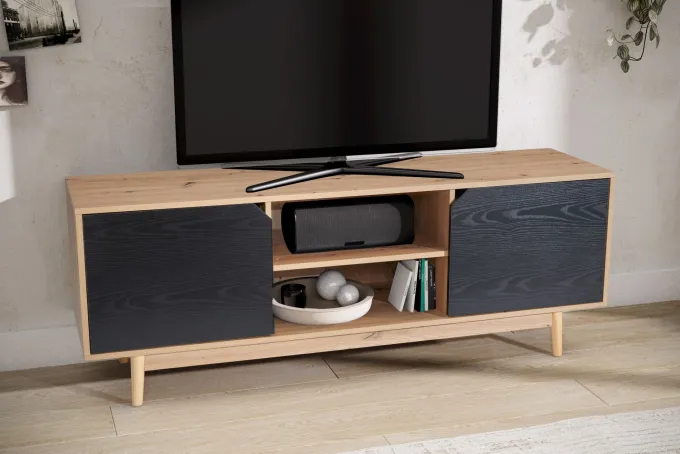 Lowboard FineBuy TV Schrank 150 cm Fernsehkommode Fernsehschrank Eiche Schwarz