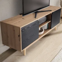 Lowboard FineBuy TV Schrank 150 cm Fernsehkommode Fernsehschrank Eiche Schwarz