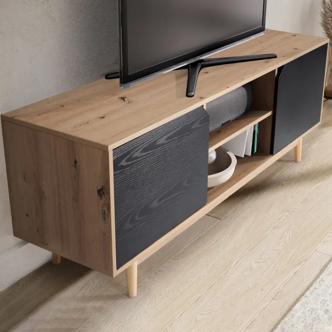 Lowboard FineBuy TV Schrank 150 cm Fernsehkommode Fernsehschrank Eiche Schwarz