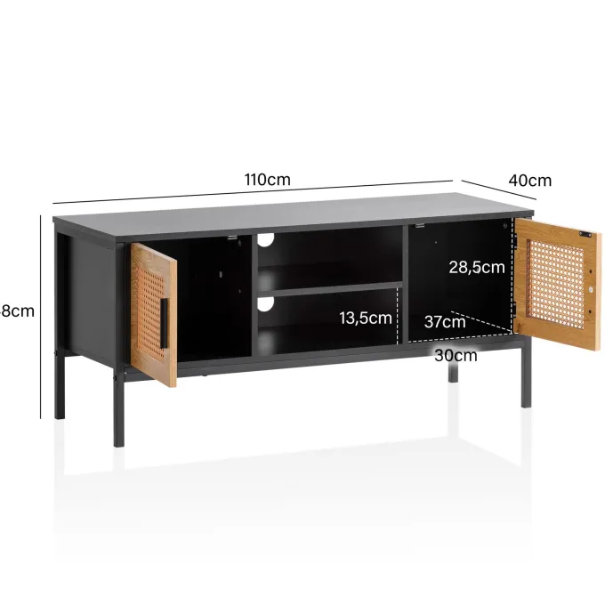 Lowboard FineBuy TV Schrank 110 cm Holz Schwarz Fernsehkommode Wiener Geflecht
