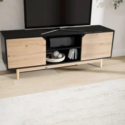 Lowboard FineBuy TV Schrank 150 cm Fernsehkommode Fernsehschrank Schwarz Eiche