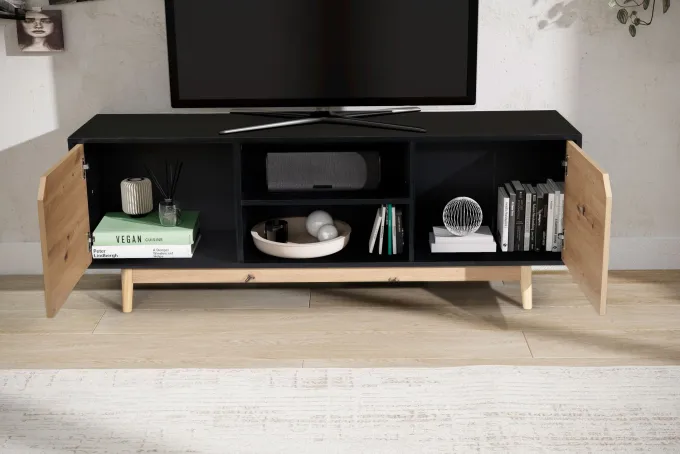 Lowboard FineBuy TV Schrank 150 cm Fernsehkommode Fernsehschrank Schwarz Eiche