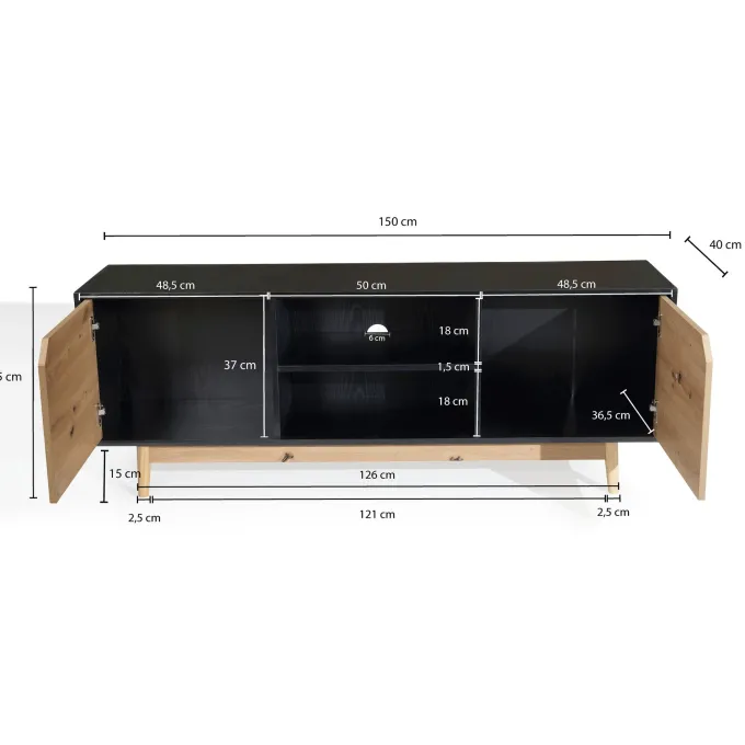 Lowboard FineBuy TV Schrank 150 cm Fernsehkommode Fernsehschrank Schwarz Eiche