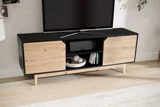 Lowboard FineBuy TV Schrank 150 cm Fernsehkommode Fernsehschrank Schwarz Eiche