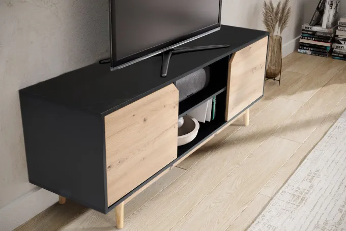 Lowboard FineBuy TV Schrank 150 cm Fernsehkommode Fernsehschrank Schwarz Eiche