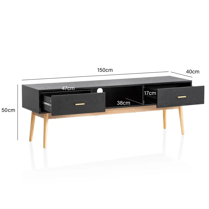 Lowboard FineBuy TV Schrank 150 cm Schwarz Schubladen Fernsehkommode Eiche