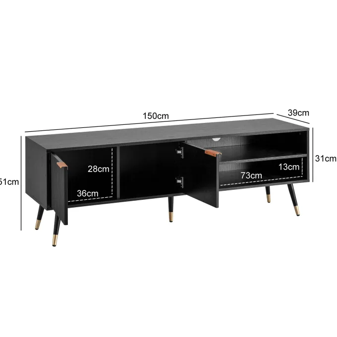 Lowboard FineBuy TV Schrank 150 cm Schwarz Türen Fernsehkommode Eiche Modern