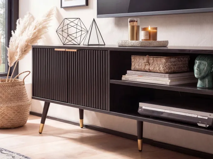 Lowboard FineBuy TV Schrank 150 cm Schwarz Türen Fernsehkommode Eiche Modern