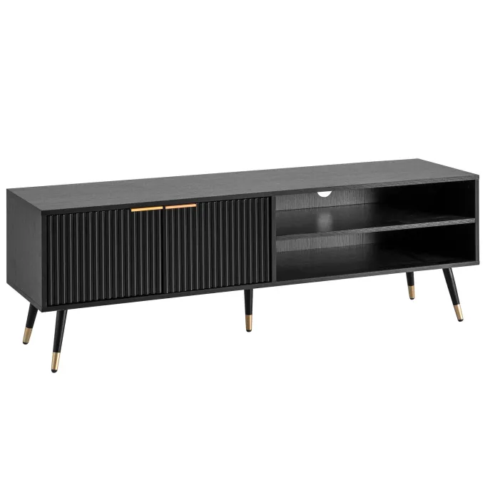 Lowboard FineBuy TV Schrank 150 cm Schwarz Türen Fernsehkommode Eiche Modern