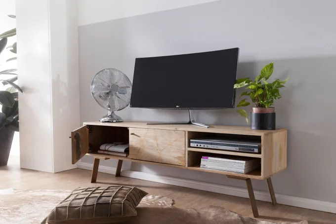 Massives TV-Board 145cm Mango Massivholz hell Fernsehschrank mit 2 Türen & Ablage Lowboard