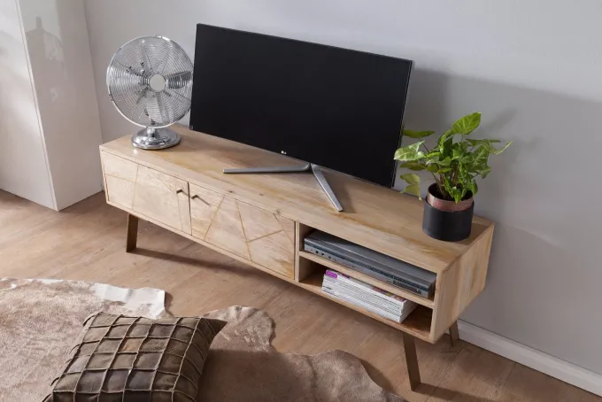 Massives TV-Board 145cm Mango Massivholz hell Fernsehschrank mit 2 Türen & Ablage Lowboard