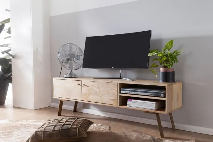 Massives TV-Board 145cm Mango Massivholz hell Fernsehschrank mit 2 Türen & Ablage Lowboard