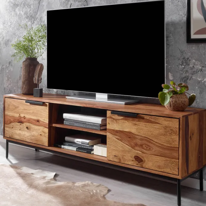 Massive TV-Board Kommode 150cm Sheesham Massivholz Fernsehschrank Lowboard mit 2 Türen