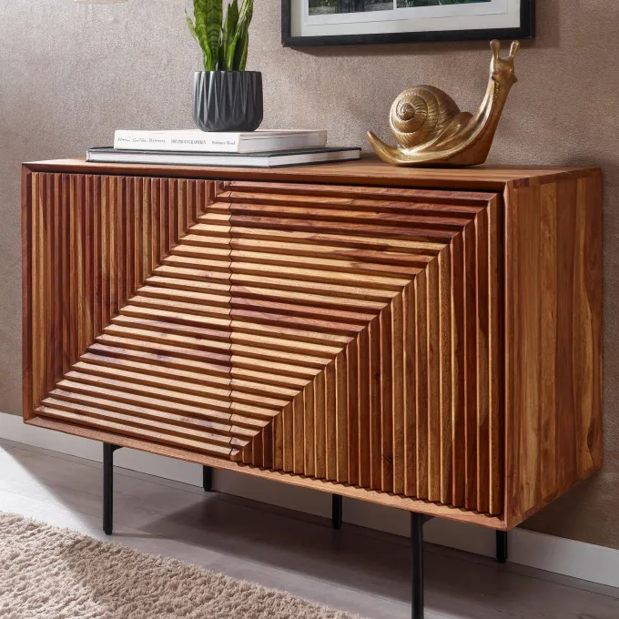 Massivholz Design Sideboard 100cm Sheesham Kommode mit 2 Türen Retro Design Metall schwarz