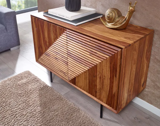 Massivholz Design Sideboard 100cm Sheesham Kommode mit 2 Türen Retro Design Metall schwarz