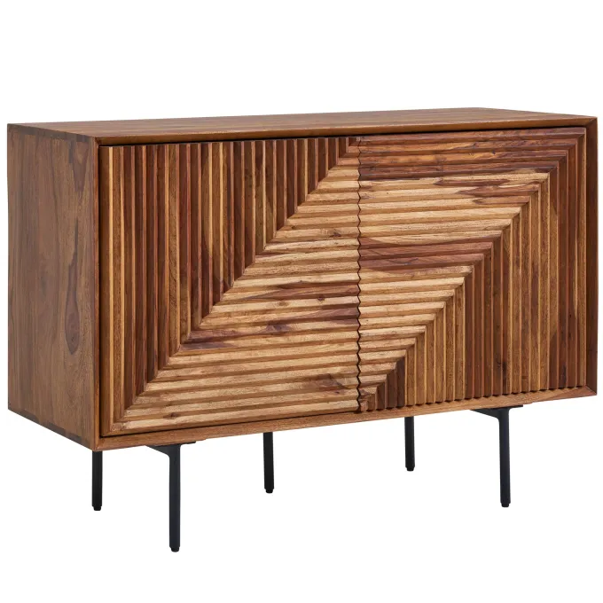 Massivholz Design Sideboard 100cm Sheesham Kommode mit 2 Türen Retro Design Metall schwarz