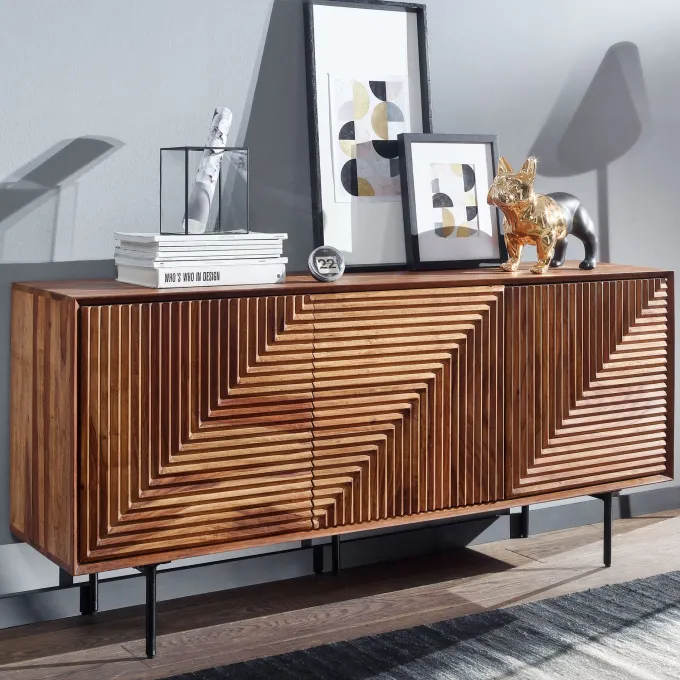 Massivholz Design Sideboard 150cm Sheesham Kommode mit 3 Türen Retro Design Metall schwarz