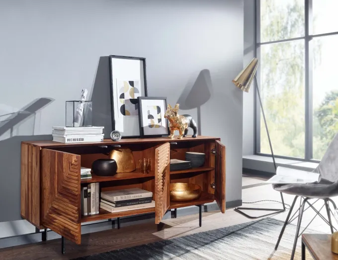 Massivholz Design Sideboard 150cm Sheesham Kommode mit 3 Türen Retro Design Metall schwarz