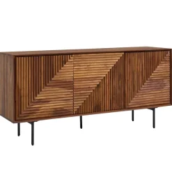 Massivholz Design Sideboard 150cm Sheesham Kommode mit 3 Türen Retro Design Metall schwarz