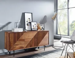Massivholz Design Sideboard 150cm Sheesham Kommode mit 3 Türen Retro Design Metall schwarz