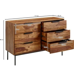 Massivholz Schubladenkommode 120cm Sheesham Natur Design Kommode mit 6 Schubladen Sideboard Metall schwarz