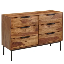 Massivholz Schubladenkommode 120cm Sheesham Natur Design Kommode mit 6 Schubladen Sideboard Metall schwarz