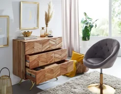 Massivholz Schubladenkommode 90cm Akazie Natur Kommode mit 3 Schubladen Sideboard Metall gold