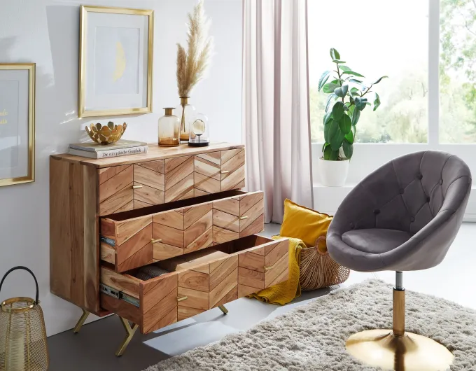 Massivholz Schubladenkommode 90cm Akazie Natur Kommode mit 3 Schubladen Sideboard Metall gold