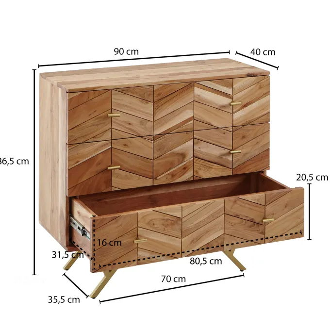 Massivholz Schubladenkommode 90cm Akazie Natur Kommode mit 3 Schubladen Sideboard Metall gold